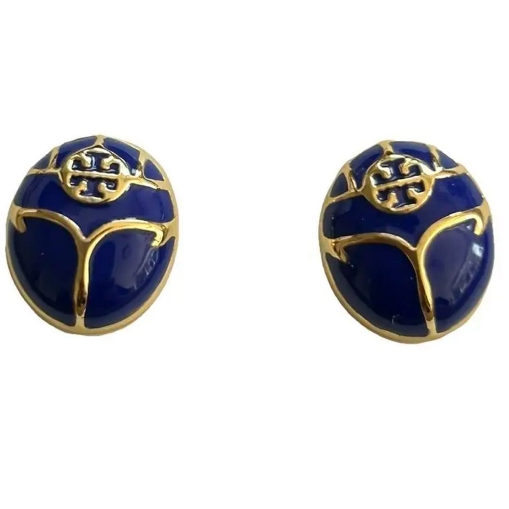 Tory Burch New Blue Enamel Oval Gold-Toned Earrings